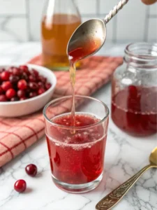 Stirring apple cider vinegar into cranberry juice