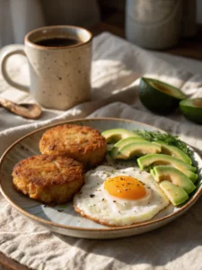 Frozen hash brown patties in air fryer served for breakfast