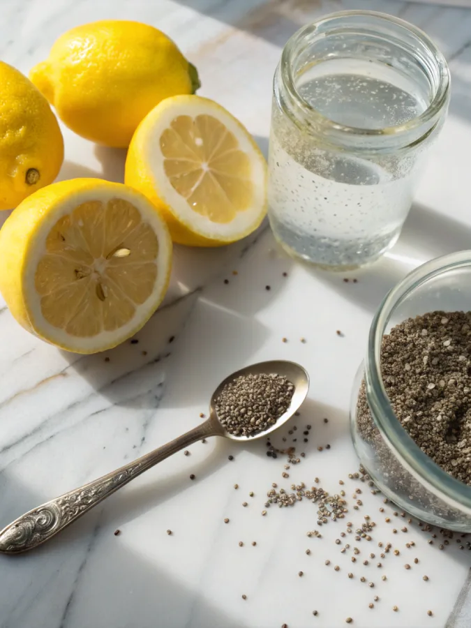 3 Ingredient Brazilian Mounjaro: Simple Natural Drink for Weight Loss Ingredients for Brazilian Mounjaro drink including lemon, chia seeds, and water
