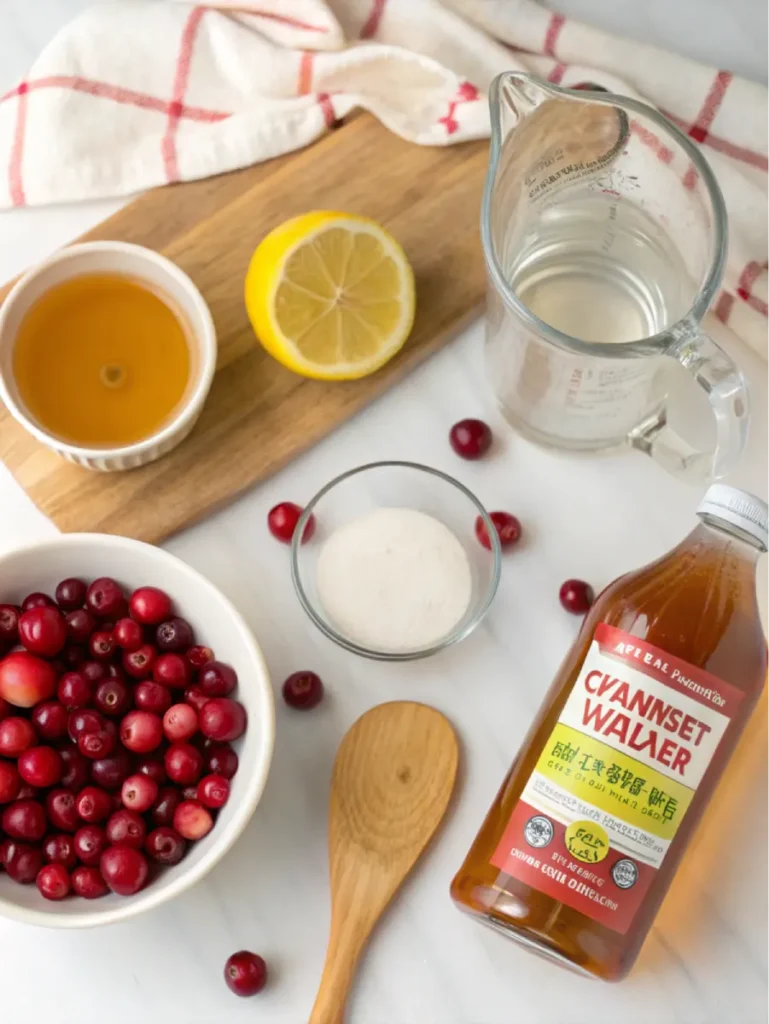 Ingredients for cranberry juice and apple cider vinegar detox