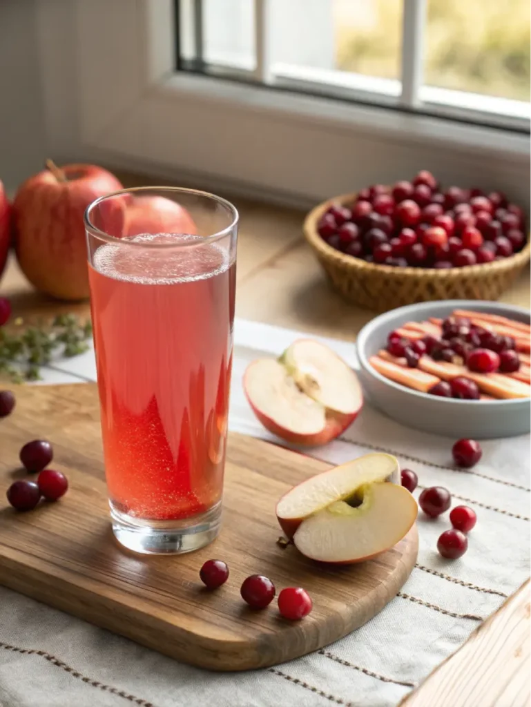 Cranberry juice and apple cider vinegar drink on rustic table