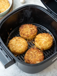 Crispy frozen hash brown patties just cooked in air fryer