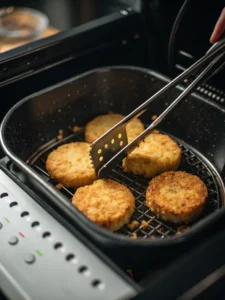 Flipping frozen hash brown patties mid-cook in air fryer