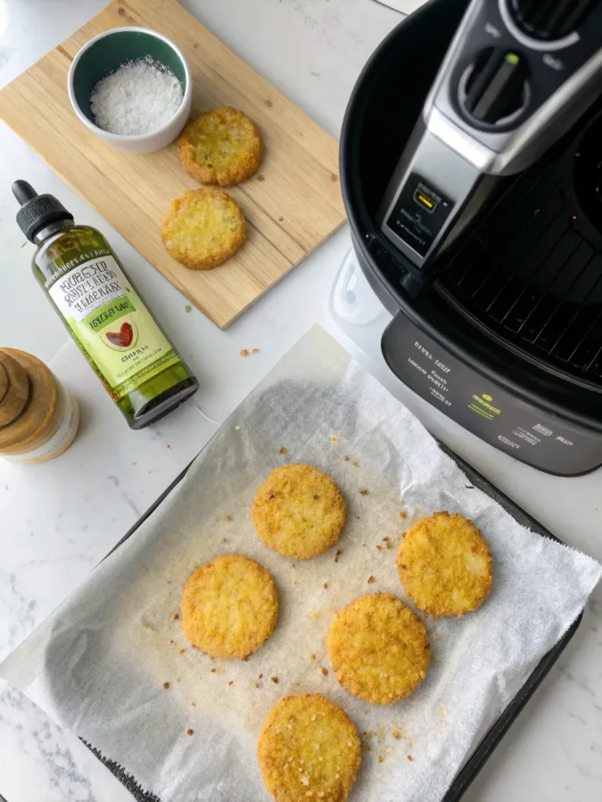 Frozen hash brown patties and ingredients before air frying