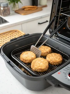 Frozen hash browns in air fryer basket before cooking
