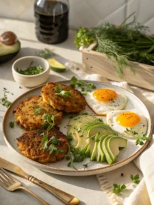 Plated hash brown patties with breakfast sides