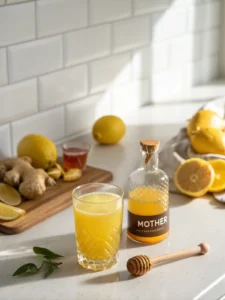 Glass of natural Mounjaro recipe with 4 ingredients drink with lemon, ginger, and apple cider vinegar.