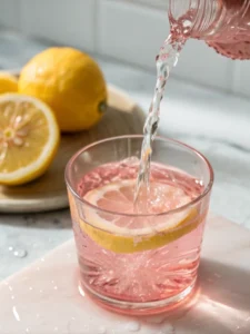 lemon squeezed into pink salt water