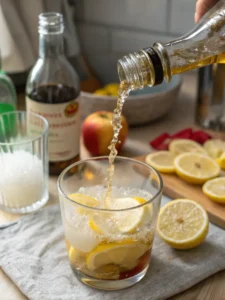 Pouring apple cider vinegar into pink salt weight loss drink