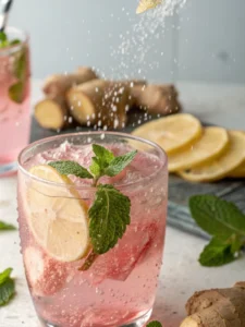 adding ginger and mint to pink salt water