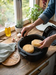 Placing frozen hash brown patties in air fryer
