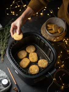 Placing frozen hash brown patties in air fryer basket