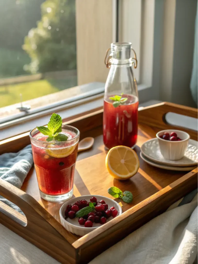 Served glass of cranberry juice and apple cider vinegar drink