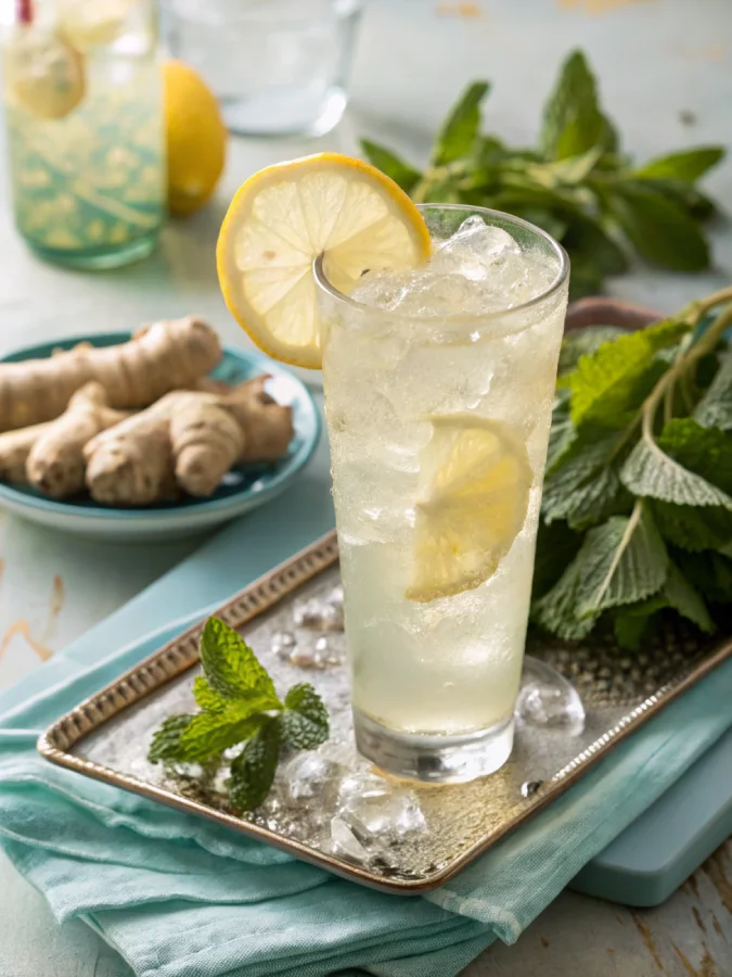 Natural Mounjaro Recipe with 4 Ingredients: The Simple Fat-Burning Secret Chilled Mounjaro detox drink served with lemon and ginger garnish.