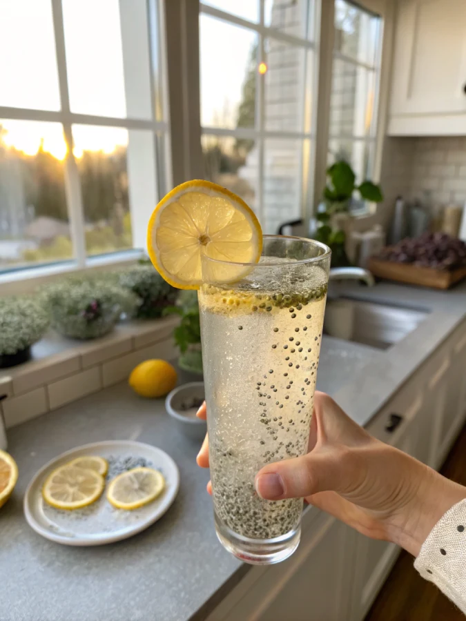 3 Ingredient Brazilian Mounjaro: Simple Natural Drink for Weight Loss Glass of Brazilian Mounjaro chia lemon water ready to drink