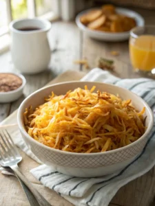 Shredded hash browns in air fryer served crispy and golden