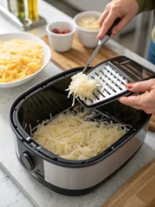 Spreading shredded hash browns in air fryer basket