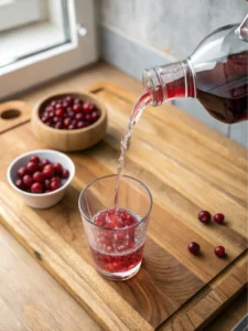 Pouring cranberry juice and water into a glass