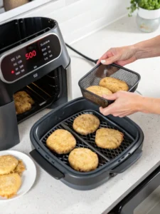 Placing frozen hash browns into air fryer