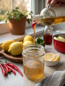 Pouring apple cider vinegar for Brazilian Mounjaro