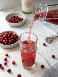 Pouring cranberry juice and water into a tall glass