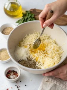 Mixing shredded hash browns with seasoning