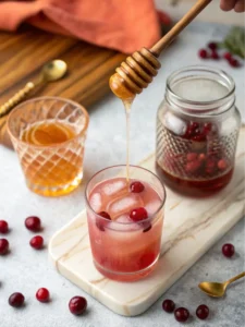 Optional honey being added to apple cider vinegar and cranberry juice