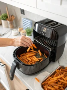 Adding Alexia sweet potato fries to air fryer basket