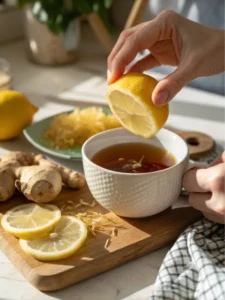 Adding lemon juice and grated ginger to tea