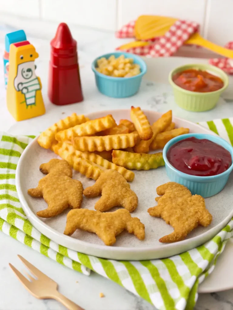 Air Fryer Dino Nuggets - Crispy, Easy & Fun Every Time Dino nuggets served with fries and dips