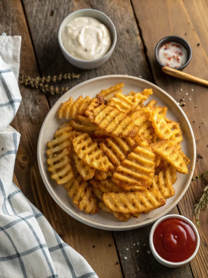 Air Fryer Waffle Fries – Crispy, Fast & Family-Approved Air fryer waffle fries served hot with dips