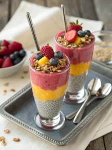Layered chia seed fruit smoothie with toppings