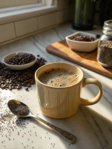 Chia seeds in coffee with ceramic mug and natural light
