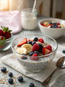Chia seeds in yogurt topped with fruit