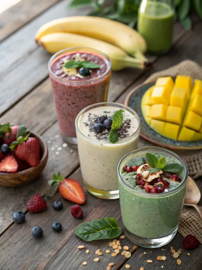Chia Seeds in Fruit Smoothies: Easy, Nutritious, and Surprisingly Delicious Four chia seed smoothie variations including tropical, berry bowl, green detox, and cherry vanilla