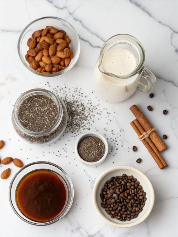 Chia Seeds in Coffee: Benefits, Weight Loss, and How to Use Them Ingredients for making chia seed coffee including milk and cold brew