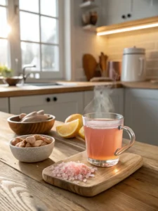Homemade Mounjaro recipe with pink salt detox drink on rustic kitchen table