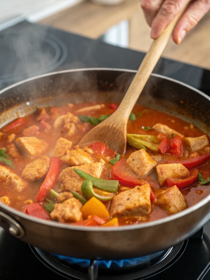 Red Thai Curry – A Rich, Spicy Classic You’ll Crave Weekly Red Thai curry simmering in a pan with vegetables and chicken