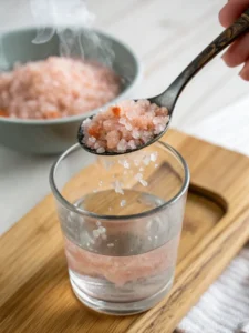 Stirring pink Himalayan salt into warm water for Mounjaro recipe