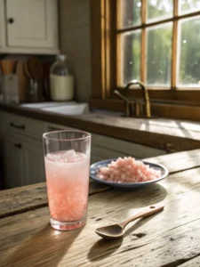 Pink Himalayan salt water in glass on wood table is the pink salt trick a scam?