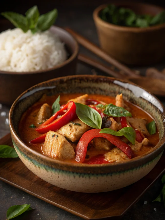 Red Thai Curry – A Rich, Spicy Classic You’ll Crave Weekly Red Thai curry with chicken and basil served in a ceramic bowl