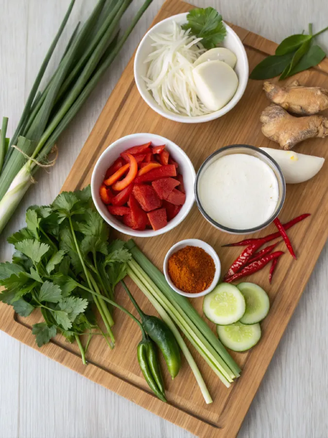 Red Thai Curry – A Rich, Spicy Classic You’ll Crave Weekly Ingredients for red Thai curry laid out on a wood board