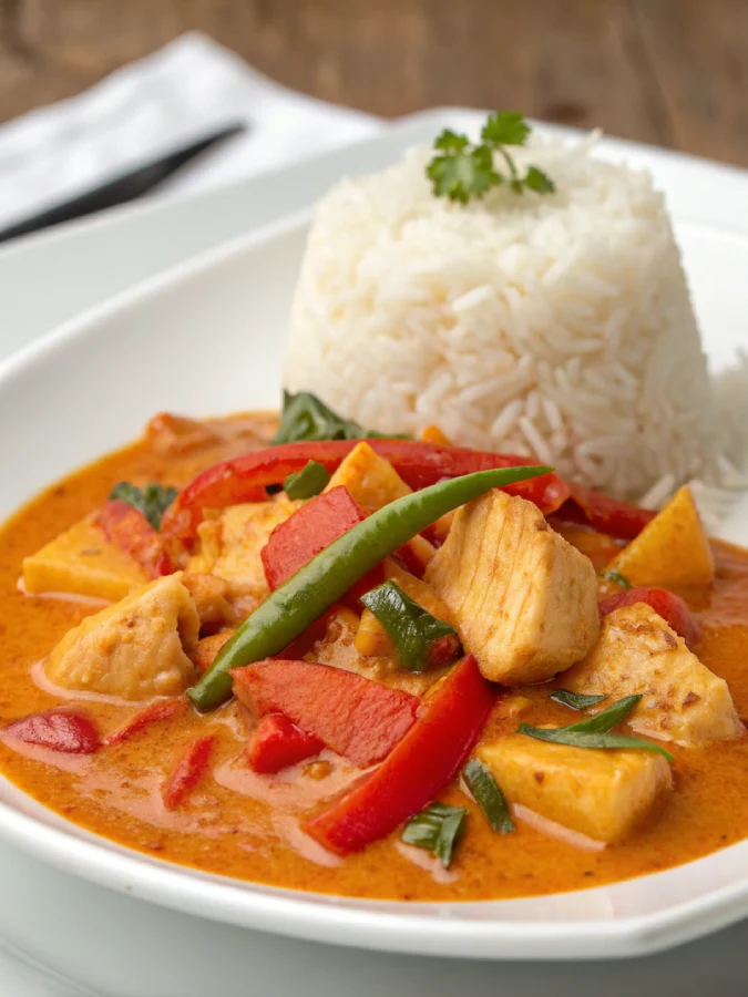 Red Thai curry served with jasmine rice and basil