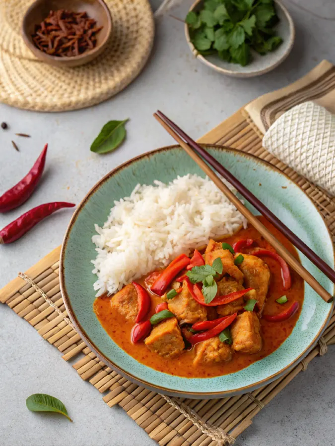 red thai curry served with rice