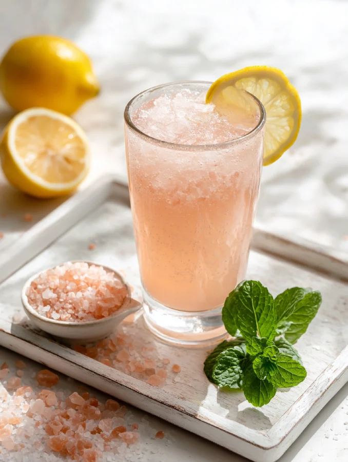 served glass of salt and ice trick recipe with lemon and mint