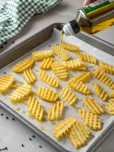 Spraying frozen waffle fries with avocado oil
