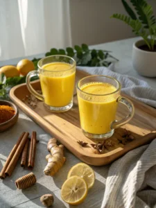 Two mugs of turmeric hack drink with turmeric, cinnamon, ginger, lemon on tray