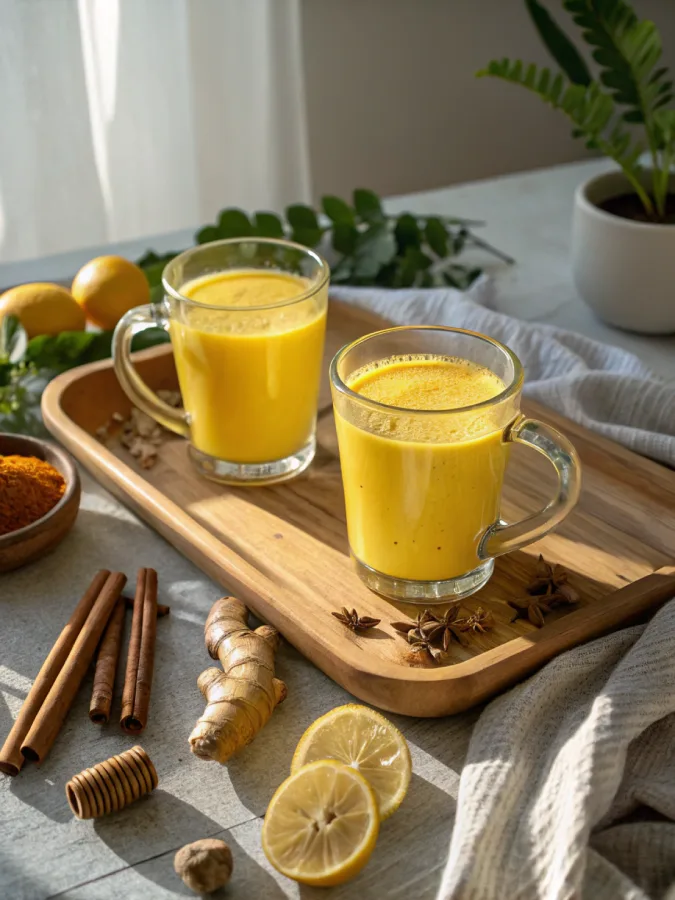 Two mugs of turmeric hack drink with turmeric, cinnamon, ginger, lemon on tray