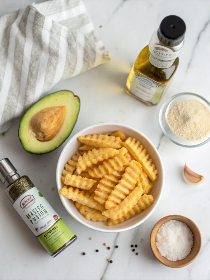 Air Fryer Waffle Fries – Crispy, Fast & Family-Approved Frozen waffle fries and seasoning on counter