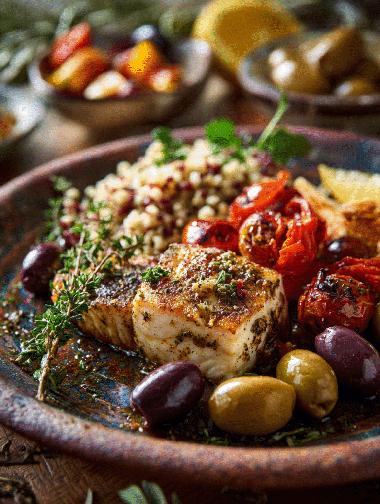 Mediterranean diet foods with olives, couscous, and grilled fish